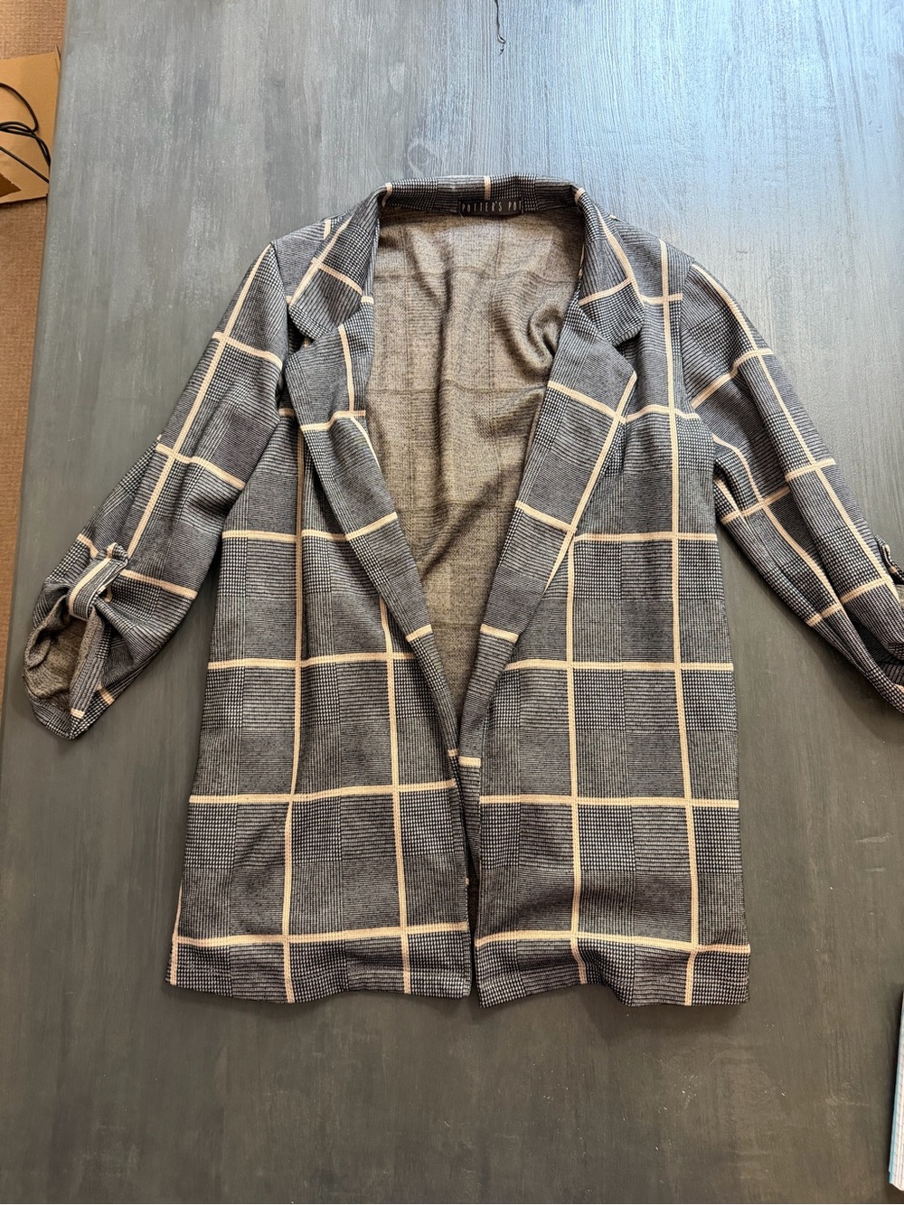 Potter’s Pot Gray Plaid Open Front Blazer Jacket Women’s Medium Roll Tab Sleeve
